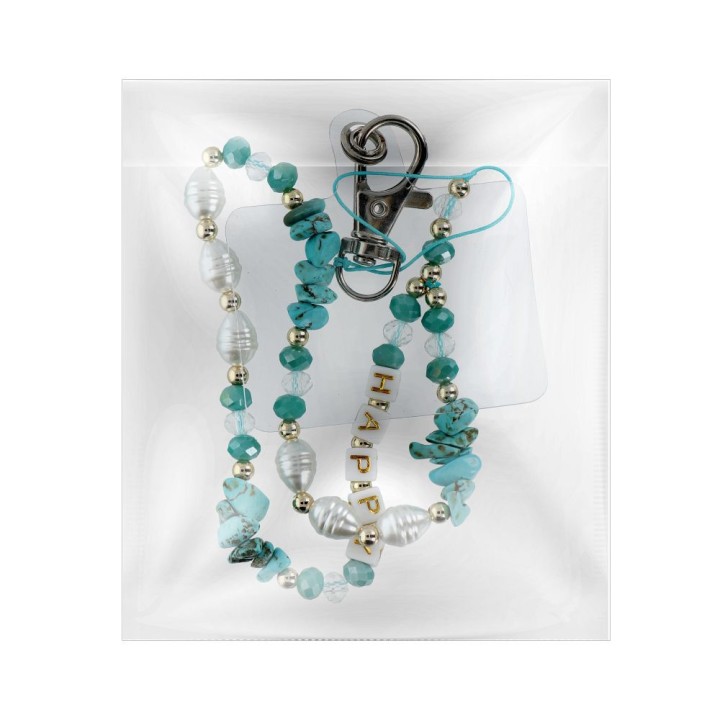 Phone lanyard, charm for phone - HAPPY / cord length 44cm (22cm in a loop) / wrist - blue