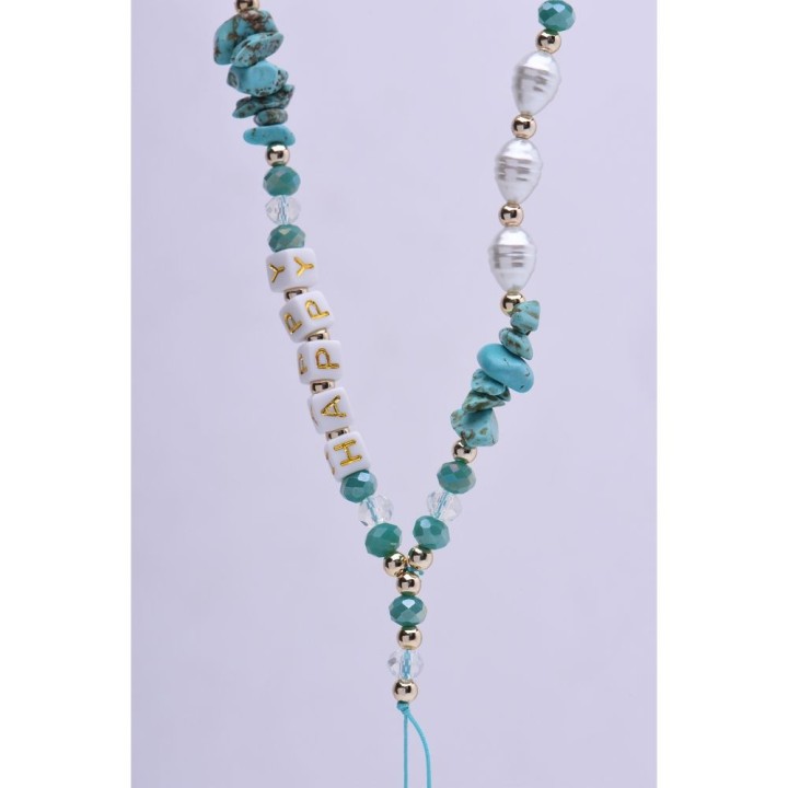Phone lanyard, charm for phone - HAPPY / cord length 44cm (22cm in a loop) / wrist - blue