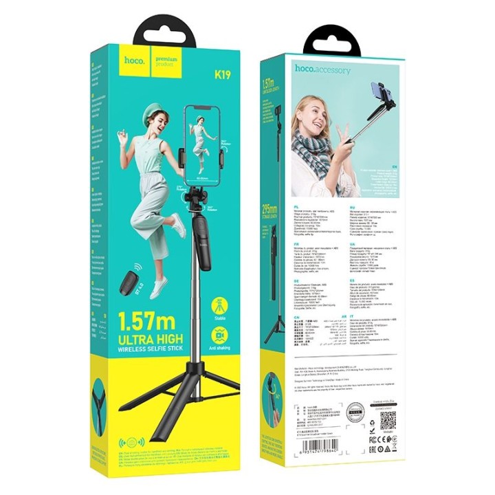 Selfie stick Hoco tripod z pilotem bezprzewodowym K19 czarny