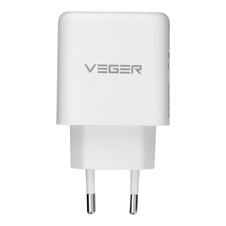 Мережевий зарядний пристрій для телефона VEGER USB A + тип C PD QC3.0 3,25A 65W + кабель USB C на USB C TR67, білий