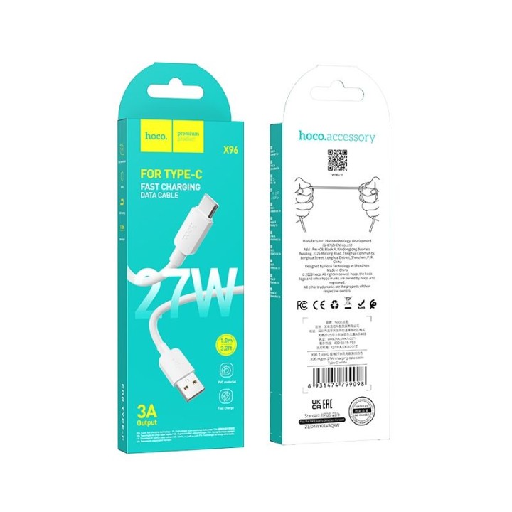 Кабель USB-A – USB-C Hoco PD 2,4A 27W 1 m X96 белый
