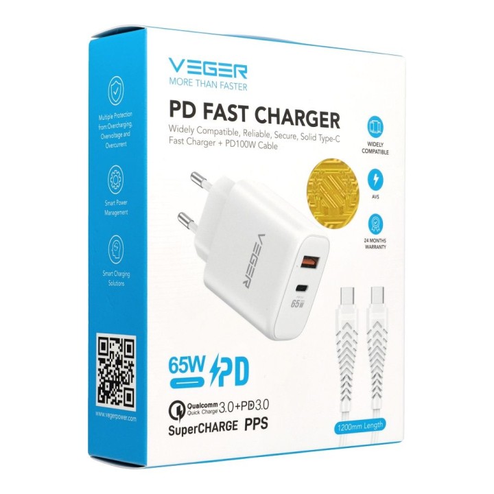 Сетевое зарядное устройство для телефона VEGER USB A + тип C PD QC3.0 3,25A 65W + кабель USB C на USB C TR67, белое