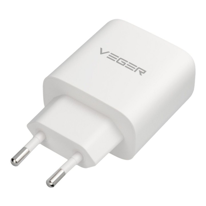 Ładowarka sieciowa do telefonu VEGER USB A + Typ C PD QC3.0 3,25A 65W + kabel USB C do USB C TR67 biała