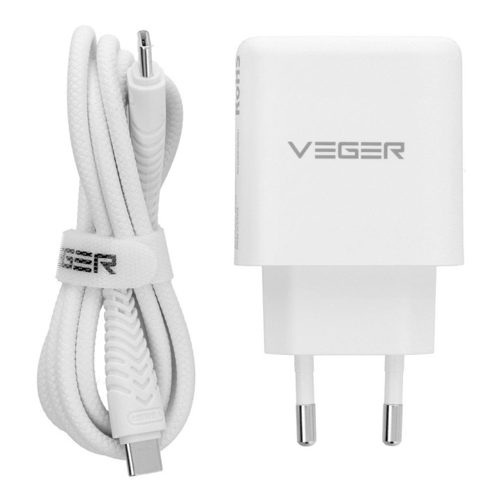 Мережевий зарядний пристрій для телефона VEGER USB A + тип C PD QC3.0 3,25A 65W + кабель USB C на USB C TR67, білий
