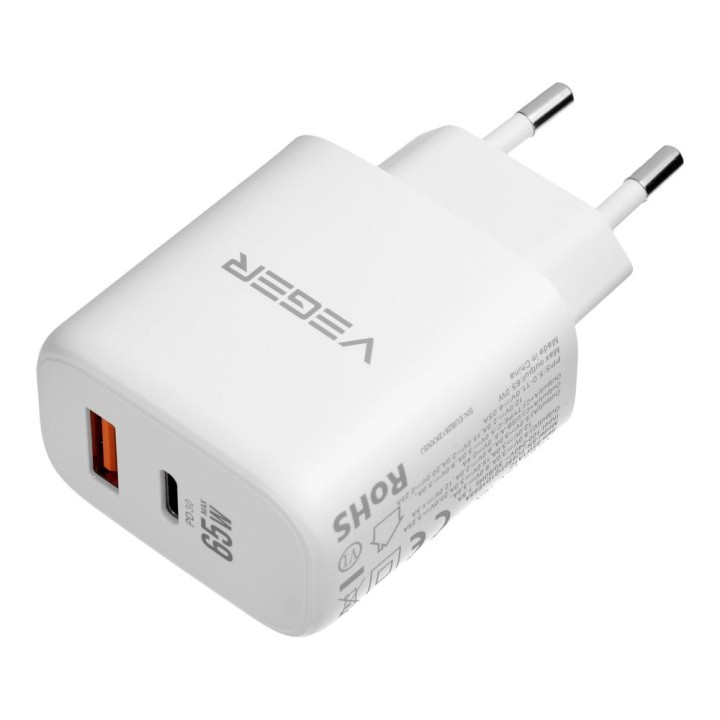 Wall charger for phone VEGER USB A + Type C PD QC3.0 3,25A 65W + cable USB C to USB C TR67 white