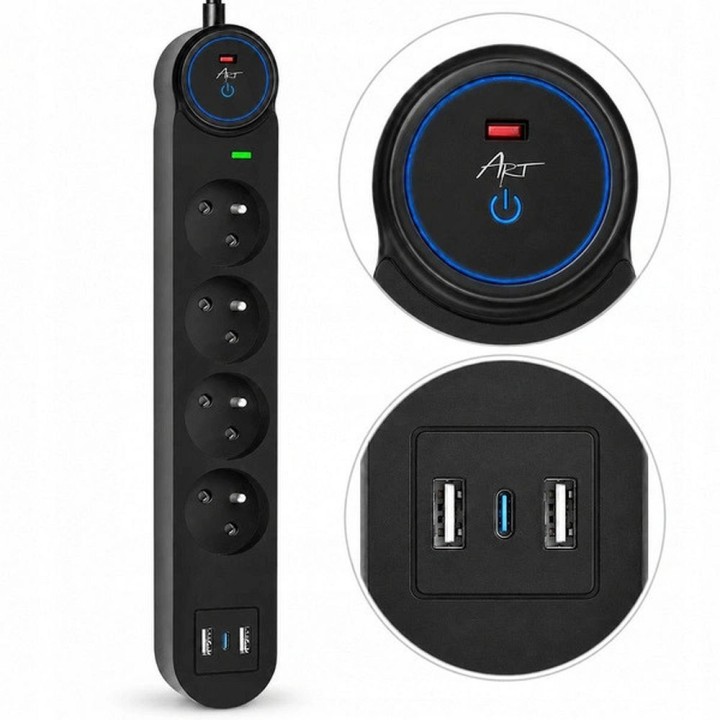 Сетевой фильтр 4 разъема + 2 x USB A + USB C Art FU810 1,5 m черный