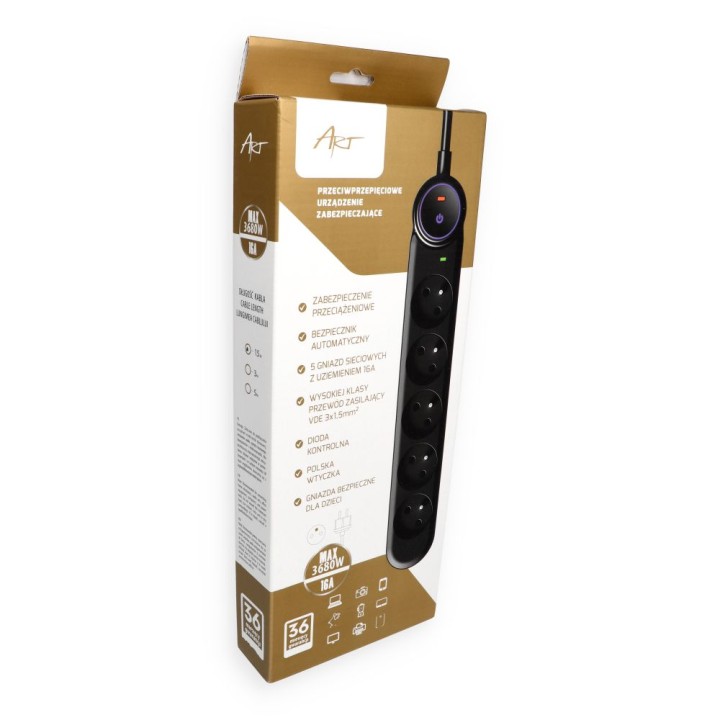 Power strip 5 sockets Art F2100 1,5 m black