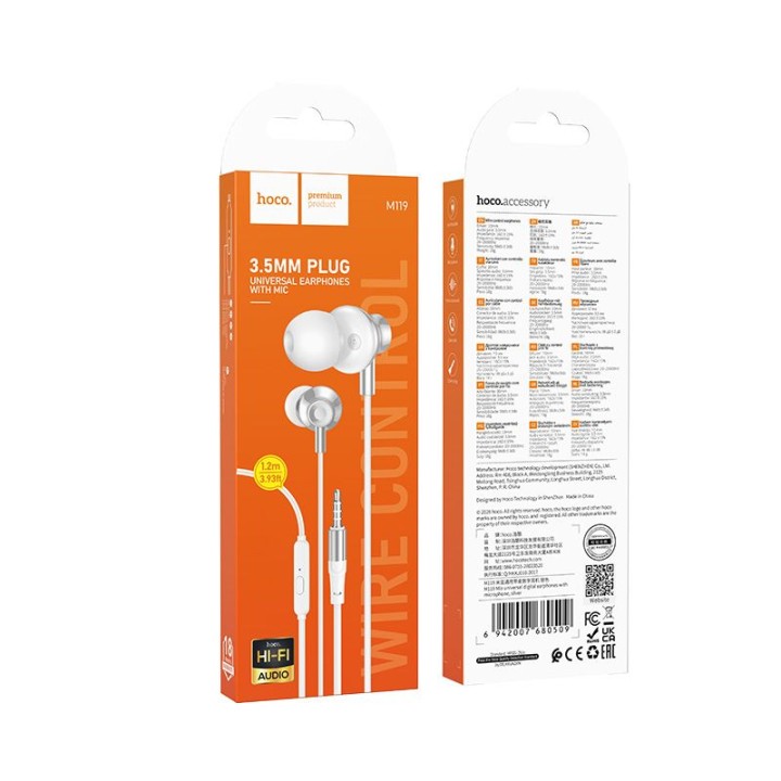 Wired in-ear headphones with microphone Jack 3,5 mm Hoco M119 silver