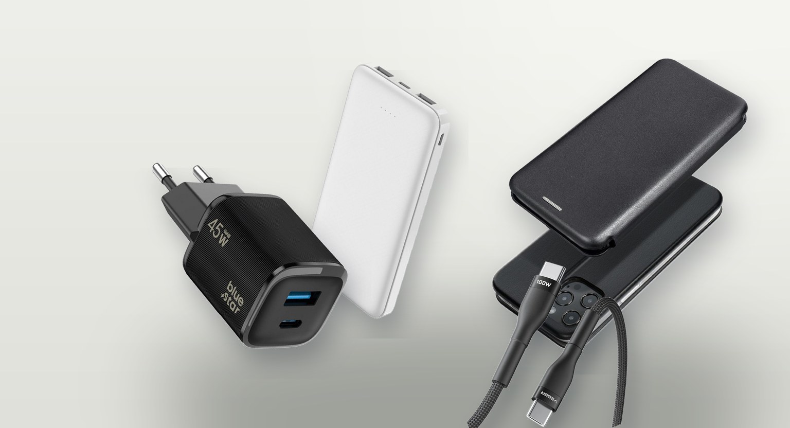 Ładowarka GaN, kabel USB-C, powerbank i etui z klapką